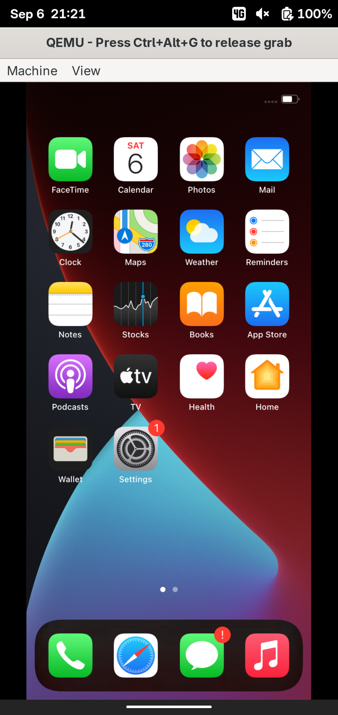 Screenshot of Linux Mobile running a QEMU window in which the iOS home screen can be seen